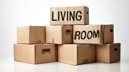 Stacked cardboard boxes for living room storage.
