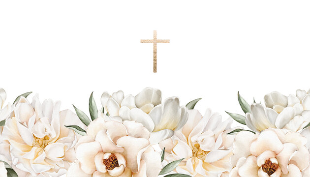 Seamless watercolor floral border with white gentle peonies and golden cross, isolated clipart. Perfect for baptism stationery, memorial cards, wedding invitations, communion templates, church decor.