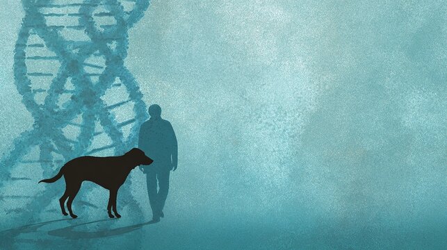 Interwoven dog and human silhouettes against DNA, symbolizing shared health journeys.