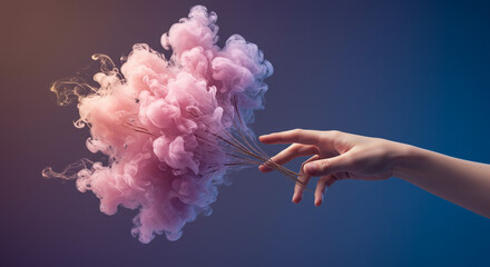 Elegant hand holding incense, vibrant pink smoke creates calming modern zen vibe, aromatherapy concept