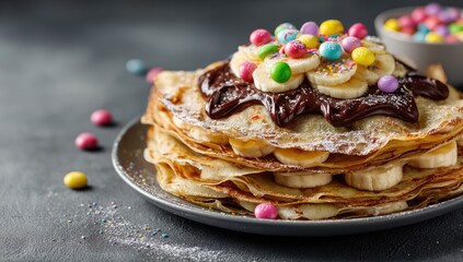 Stacked crepe cake, topped with chocolate, bananas, and colorful candies