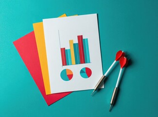 Colorful charts and dart tips on a teal surface