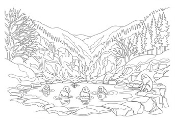 Obraz premium Jigokudani Monkey Park (地獄谷野猿公苑) in Japan one line drawing style 