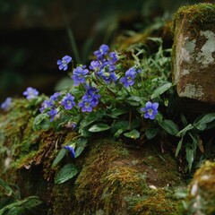 Tiny blue flowers nestled amongst mossy stones
