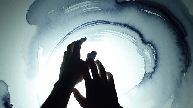 Silhouette of Hands Reaching Towards a Bright Swirling Light