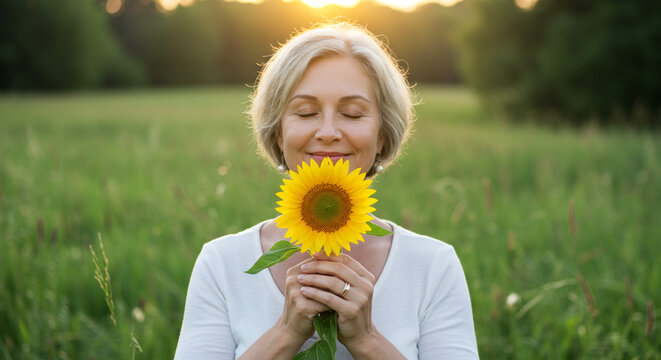 Serene woman enjoys summer sunset holding vibrant sunflower in peaceful field