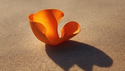 Orange flower petal on sand, casting a shadow
