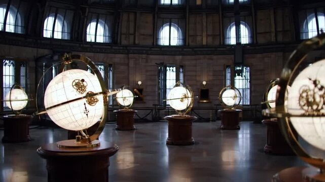 Illuminated Globes in a Grand Stone Room