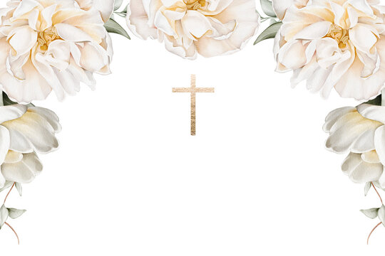 Watercolor frame with white gentle flowers and golden cross. Isolated template for Easter design, Epiphany, Christening, first communion, baptism, wedding, memorial cards, invitations, church decor
