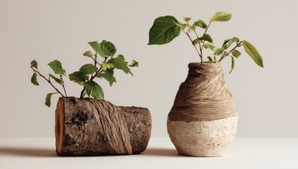 Two rustic vases, one wooden, one ceramic, with fresh greenery