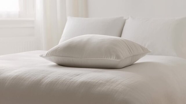 Soft pillow falling on bed in bright minimalist bedroom  