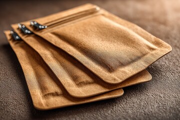 Three brown kraft paper pouches with zippers lie stacked on a brown surface