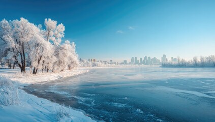 Frozen winter landscape with frosted trees, icy lake, and city skyline