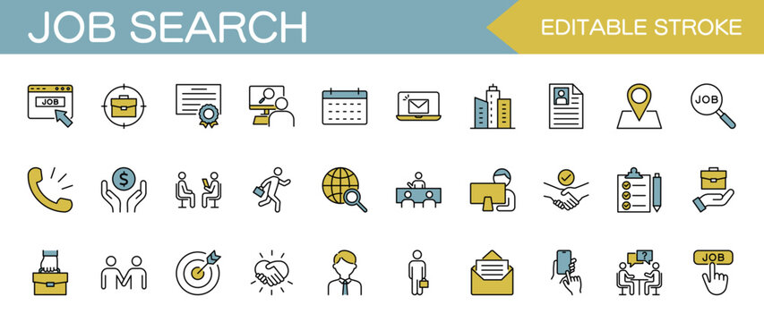 Job Search Icon Set – Resume, Interview and Employment. Editable stroke. Colored vector illustration.