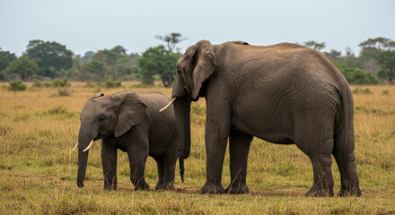 Fototapeta premium Majestic mother elephant and her calf stand together in the African savanna, a heartwarming scene of nature's bond