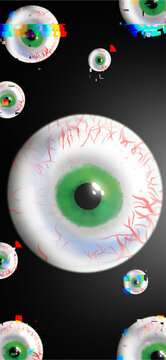Surreal Floating Green Eyeballs with Glitch Effect Illustration
