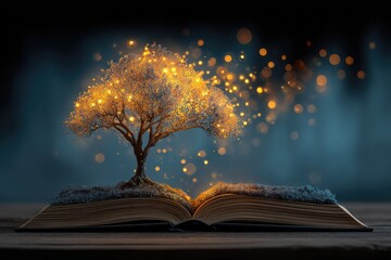 Illuminated tree growing from an open book on a wooden surface