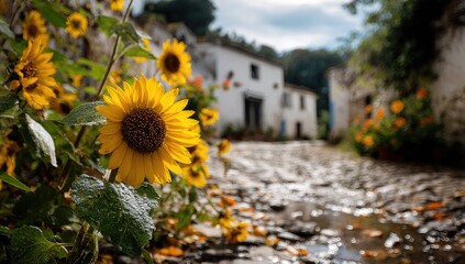 Sunflowers bloom along a cobblestone street in a village