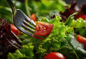 Close-up of a forkful of fresh salad with red tomatoes and greens