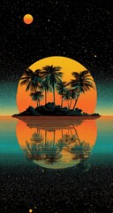 Tropical island sunset, mirrored in still water, under a starry night sky