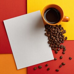 Blank white paper, orange coffee cup, coffee beans on vibrant red and yellow background