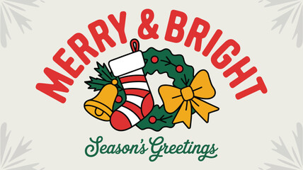 A christmas themed graphic with the words merry and bright above a wreath and season's greetings