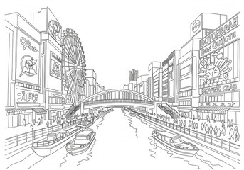 Fototapeta premium Dotonbori in Japan one line drawing style 