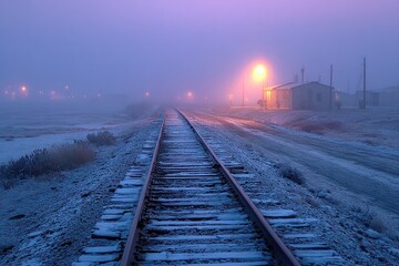 Frosty railway track vanishing into a foggy, dimly lit landscape