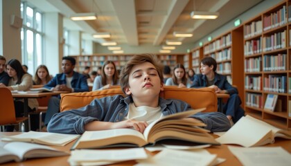 Public library interior where student falls asleep with book open, startled awake by loud sneeze
