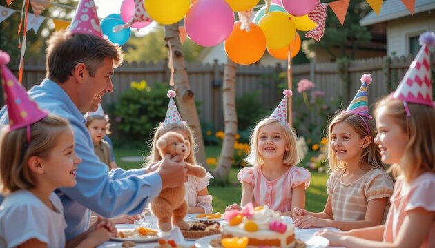 Child's birthday party in backyard where magician pulls unexpected plush toy instead of rabbit