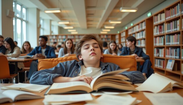 Public library interior where student falls asleep with book open, startled awake by loud sneeze