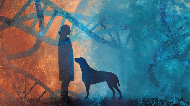 Interwoven dog and human silhouettes against DNA, symbolizing shared health journeys.
