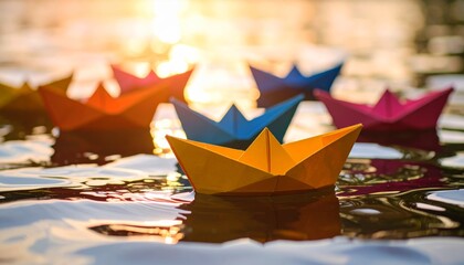 Christmas tree decorated with colorful ribbons and paper origami boats sailing on a blue sea