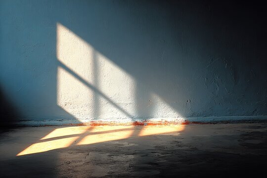 Sunlight streams through a window, casting shadows on a wall and floor of a dimly lit room