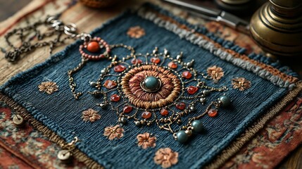 Handmade anklet adorned with tiny charms and bells laid on a decorative cloth beside delicate chains jump rings and crafting pliers