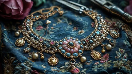 Obraz premium Handmade anklet adorned with tiny charms and bells laid on a decorative cloth beside delicate chains jump rings and crafting pliers