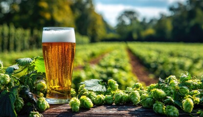 Light beer in a glass, surrounded by fresh hops in a field