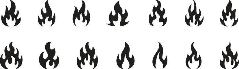 Flame fire icon set, burning heat symbols, fire vector design, hot energy shape, blaze illustration, wildfire graphic, danger silhouette elements
