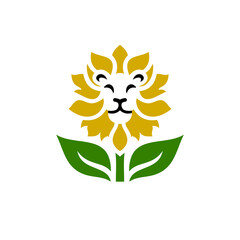 Fototapeta premium Colorful creative logo illustration of a smiling lion face with golden mane designed as petals above green leaves