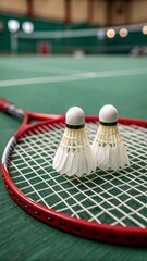 Red Badminton Racket with Shuttlecocks on Green Court