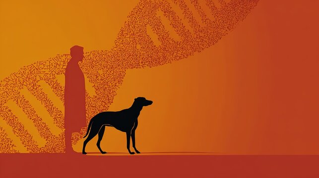 Interwoven dog and human silhouettes against DNA, symbolizing shared health journeys.