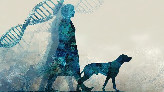 Interwoven dog and human silhouettes against DNA, symbolizing shared health journeys.