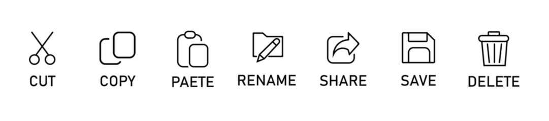 Essential digital action icons cut copy paste rename share save delete for modern interface design. vector illustraiton