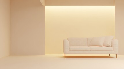 Elegant minimalist room with modern sofa, warm ambient lighting highlighting clean lines and soft textures, interior design emphasizing minimalism, elegance, and cozy atmosphere