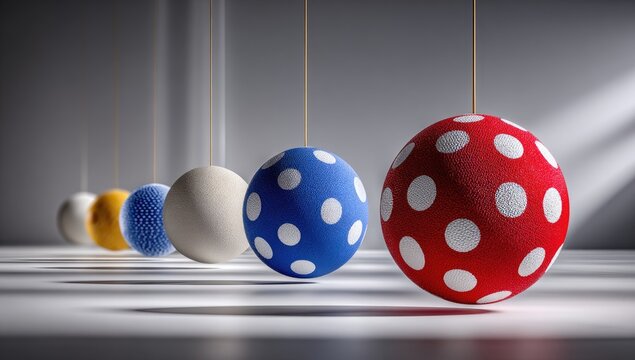 Five textured spheres, various colors, dotted patterns, hanging