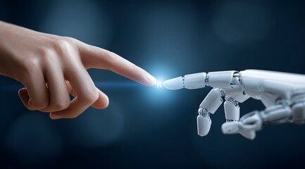 Human finger touching glowing AI button with robot hand nearby. Artificial intelligence, machine learning, future technology concept.