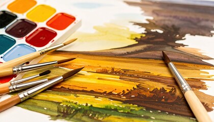 Fototapeta premium Watercolor Landscape Painting with Brushes and Earthy Tones Palette