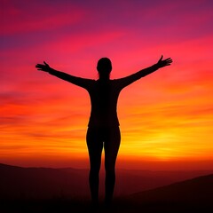 Fototapeta premium Woman embracing the vibrant sunset, feeling freedom and joy atop the mountain, celebrating life’s beauty