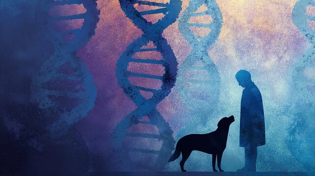 Interwoven dog and human silhouettes against DNA, symbolizing shared health journeys.