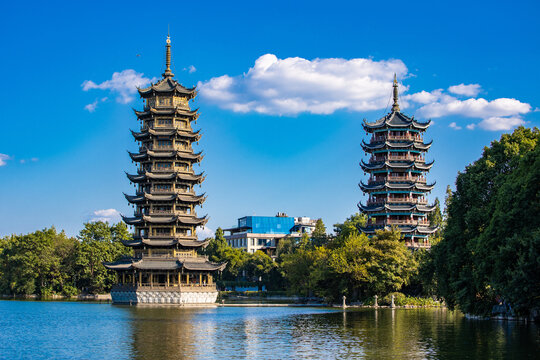 Guilin City Landscape with Karst Mountains and Water Aerial